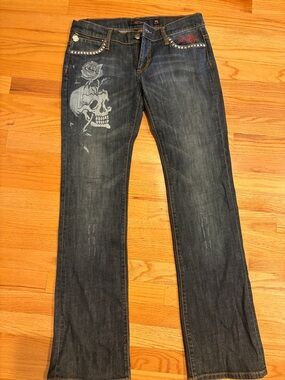 Ed Hardy Dark Blue Boot Cut Jeans with Skull & Rose Graphic